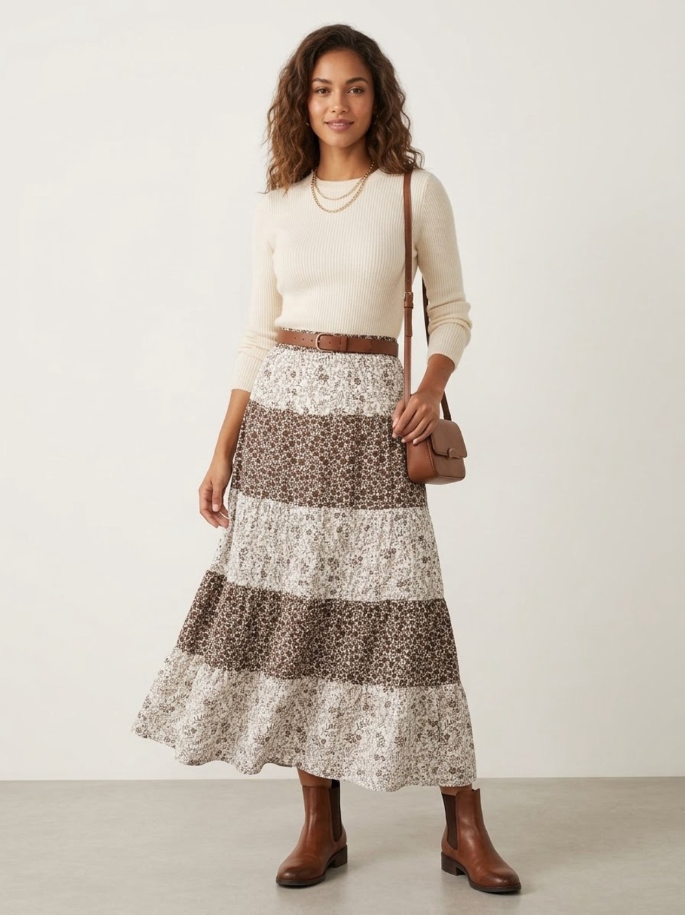 Ultra Flirt Brown and White Tiered Maxi Skirt
